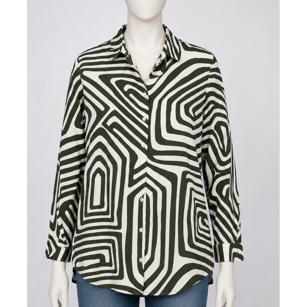 NWT Chico's Shirt No Iron Stretch Nile Ripples Tunic Sleeve Olive White  Size 20